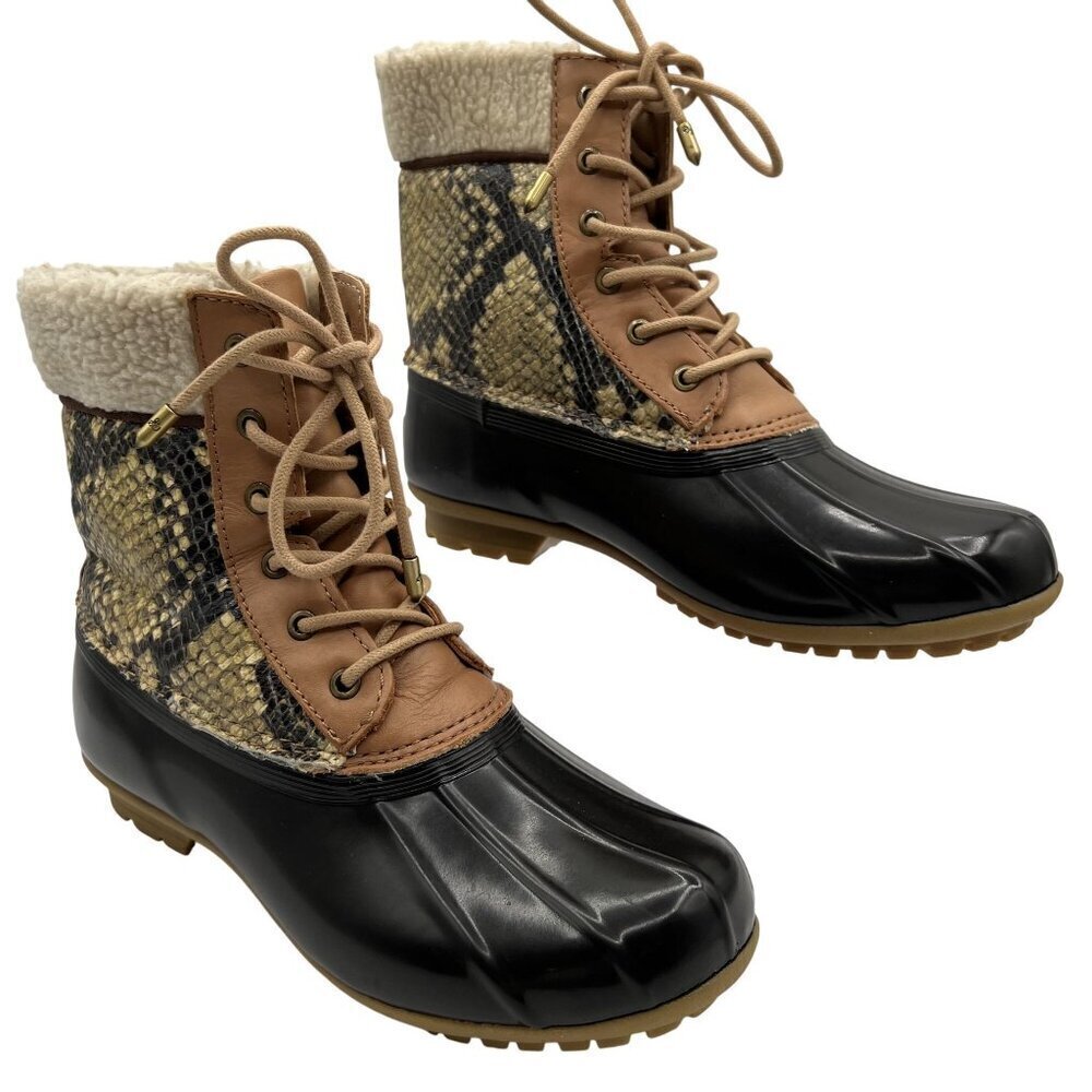 Sam Edelman Womens 7M Duck Boots Leather Upper Faux Fur Snake Pattern Waterproof - Picture 2 of 16